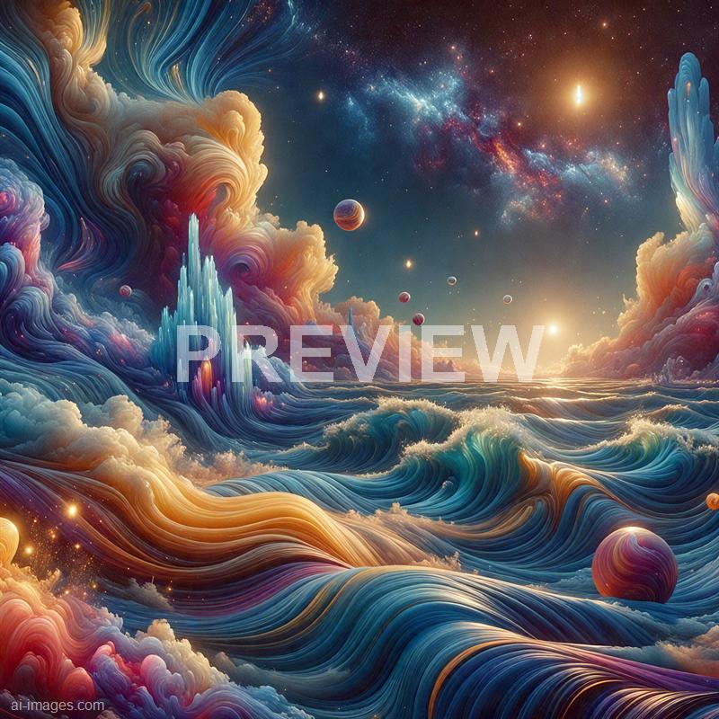 The image depicts a fantastical cosmic scene with vibrant, swirling clouds and waves in a surreal, dreamlike landscape. Multiple planets and stars are scattered across the sky, with a bright, glowing light source near the horizon illuminating the scene. The colors are rich and luminous, featuring shades of blue, orange, pink, and purple, creating an otherworldly atmosphere that blends elements of space and oceanic imagery.